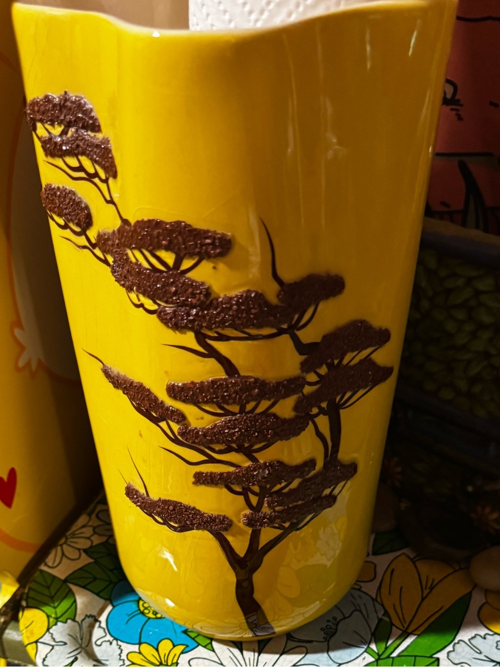 Yellow Ceramic Decorative Vase with Tree Motif
